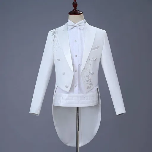 Men Slim Tuxedo Suit Stage Performance Formal Wear White drill