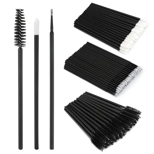 300pc Eyelash Extension Supplies Kit, 100pc Disposable Lip Wands, Mascara Brush Applicators, Micro Swabs for Eyebrow, Eyelash Extension and Makeup Kits (Black)