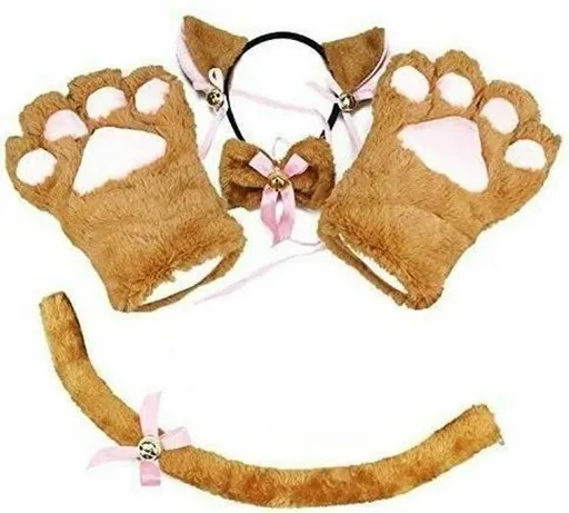 House Of Dasein Kitten Cosplay Costume Cat Tail Ears Collar Paws Gloves Anime Lolita Gothic Set - Brown