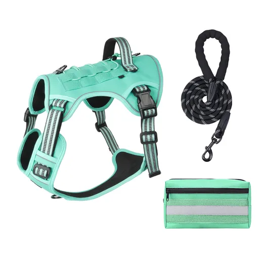 3-Piece Green Tactical Dog Harness Set (S Size) - Heavy Duty No-Pull Vest with Detachable Tactical Pouch & Climbing Rope Leash