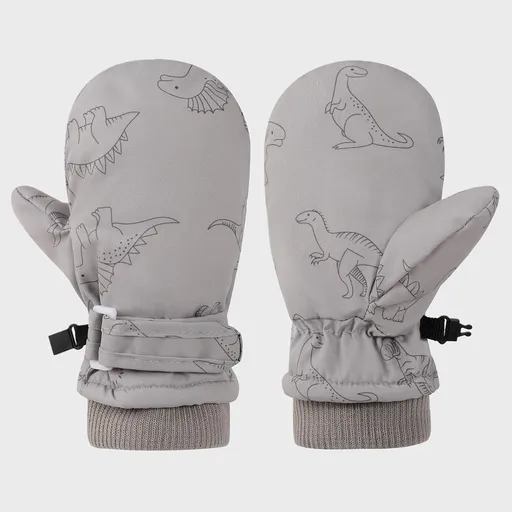Kids' Dinosaur Patterned Warm Ski Mittens with Waterproof Shell, Adjustable Wrist Straps, and Anti-Loss Clip for Winter Outdoor Play, Snow, and Cold Weather Adventures (L, Grey)