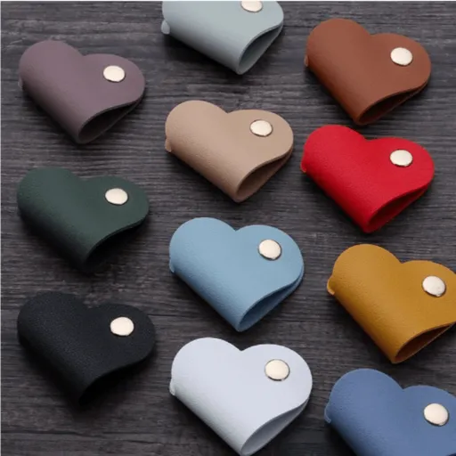 10-Pack Heart-Shaped Faux Leather Cable Straps, Multi-Color Headphone Cable Organizer, Non-Battery Cable Management Clips, Unisex Cable Fixator Set 10 Random Color