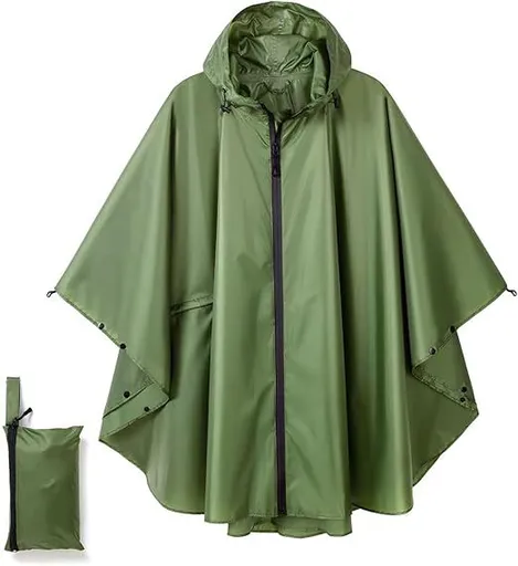 Green Hooded Rain Poncho with Full Front Zip - Lightweight Packable Rain Cape with Zipper Pocket and Storage Pouch for Hiking, Travel and Outdoor Activities