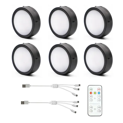 AIBOO Rechargeable Cabinet Lights, 6 Pack Puck Lights, 3 Colour, Remote, Black