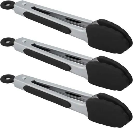Small Serving Tongs with Silicone Tips 7 Inch Mini Stainless Steel Food Tongs, Set of 3 (Black)