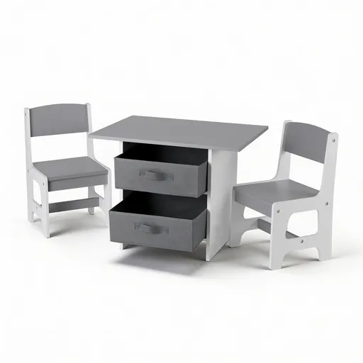 Keezi Kids Table and 2 Chairs Set Wooden Activity Table wit 2 Storage Drawers, Toddler Table and Chair Set for Children Drawing, Reading, Crafts, Eating, Grey