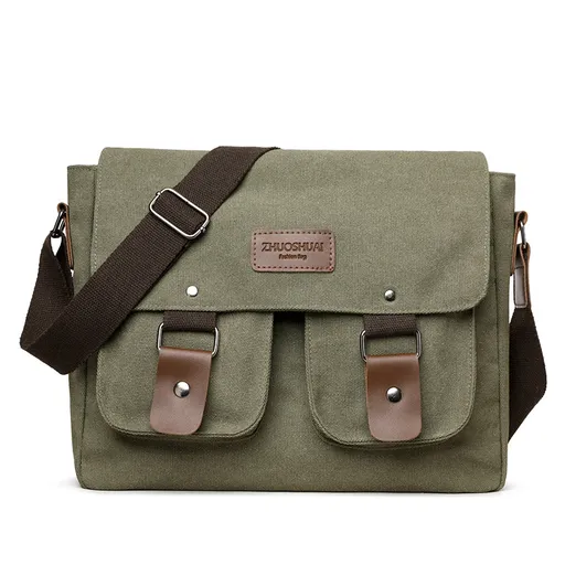 Army Green Vintage Canvas Messenger Bag Men Crossbody Satchel Durable Shoulder Bag for Work and Travel Multi Pocket Casual Daypack