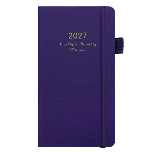 2027 Dark Purple Weekly & Monthly Planner - Compact 18 x 10 cm English Schedule Book, 144 Pages with Yearly Overview, Monthly Planning, Notes, Pen Loop and Elastic Closure