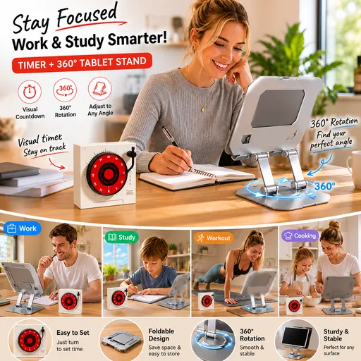 Study Focus Timer (White) and Foldable Metal Tablet Stand (Silver) Set, Mechanical Countdown Timer with Adjustable Aluminium Alloy Device Holder