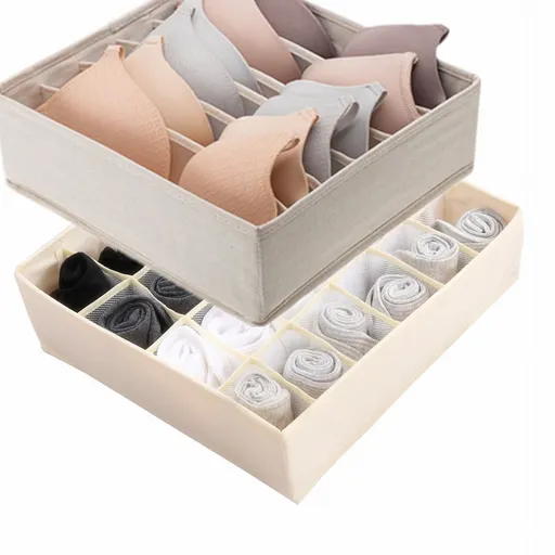 Wardrobe Clothes Organizer for Jeans, Upgraded Drawer Organizers for Clothing with Handle Foldable, Drawer Organizers Clothes(Gray,1PCS-M) 2PCS-7 Cell+24 Cell Beige