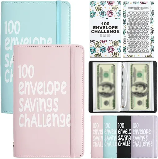 Two-Player 100 Days Envelope Savings Challenge with 50 Clear Double-Sided Pages - Portable A6 Size for Budgeting & Financial Goals (Pink + Blue)