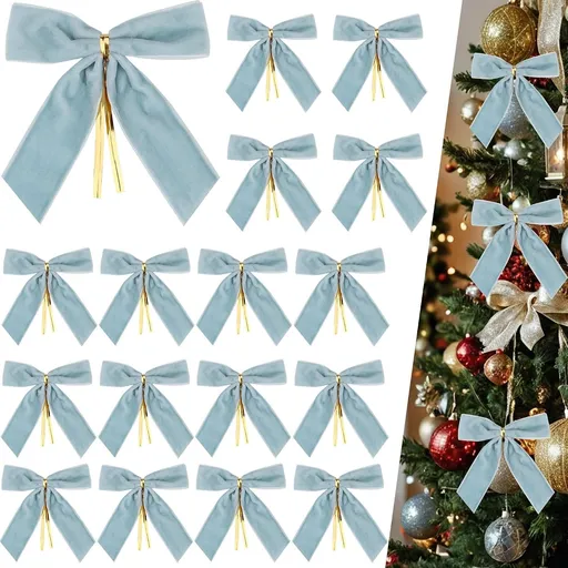 Christmas Velvet Bows Light Blue 24 Pack – 3.5 Inch Holiday Tree Ornaments with Twist Tie Decorative Ribbon Bows for Christmas Tree, Wreath, Gift Wrapping & Party Decoration