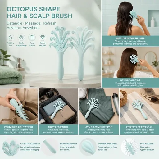 Light Blue Octopus Scalp Massage Brush Gentle Volumising Wet & Dry 1Pcs