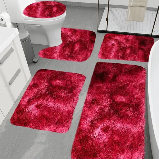 Tie-Dye Bathroom Rugs Sets, Non-Slip Bath Mat Set 5 Piece, Soft Comfortable Washable Bathroom Mat Set, Quicker Dry Bathroom Rug with Toilet Rug Red