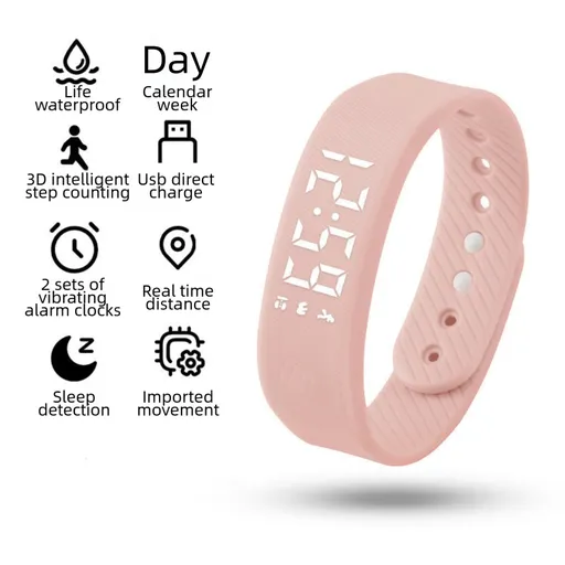 Pink Silent Vibration Alarm Smart Silicone Wristband with 3-Alarm Settings - Discreet Wake-Up Device for Teens & Adults (Horizontal version)