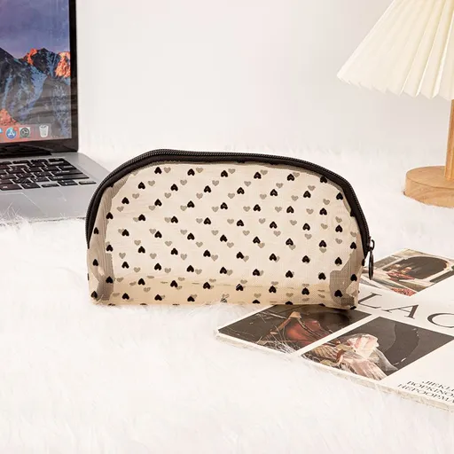 Portable Makeup Bag Large Capacity Travel Cosmetic Beige shell semicircle