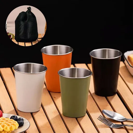 350ml Four Piece Set Stainless Steel Camping Cup with Storage Bag 4.13 Inches Stackable Travel Mug for Outdoor Hiking Picnic