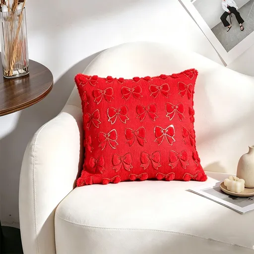 Christmas Cushion Covers Set of 2 45x45cm Embroidered Soft Fabric Red Green Cream Gold