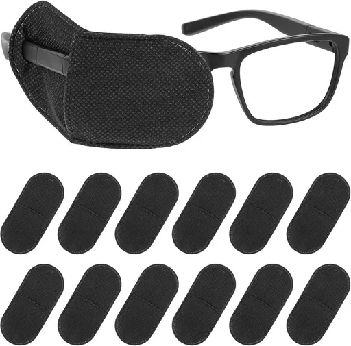 12 Piece Adjustable Eye Patch Set for Glasses, Amblyopia Support, Black, 12 x 5.5 cm