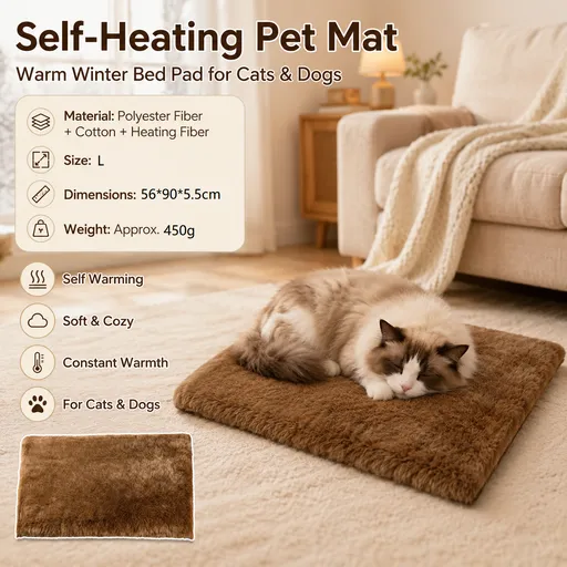 Brown L Size 56x90cm Self Heating Pet Mat - Soft Plush Non-Slip Thermal Bed for Cats and Small Dogs Indoor Crate Car Travel Use