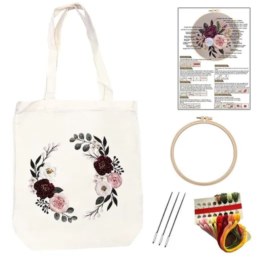 Canvas Tote Bag Floral Embroidery Kit, with Pattern Hoop Color Threads and Tool for Beginners, Arts and Crafts Supplies for Adults Handmade Gift, White Canvas Shoulder Tote for Daily Use