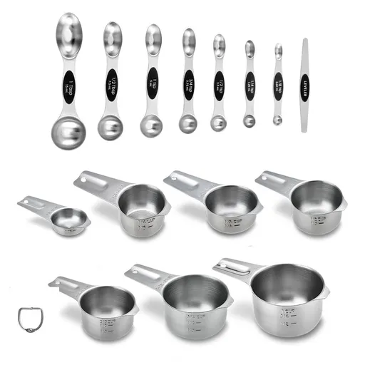 Stainless Steel Measuring Cups Set of 15 with Pour Spout, Metal Kitchen Tools with Easy to Read Markings for Measuring Dry