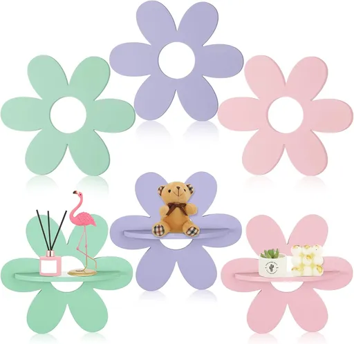 6 Pcs Daisy Flower Shaped Wall Floating Shelves, Small Cute Wooden Flower Shelf Wall Decor for Girls Bedroom, Nursery, Dorm and Living Room, Colorful Funky Kawaii Aesthetic Room Decor