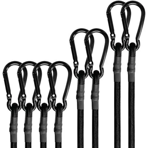 Bungee Cords with Carabiner Hooks Heavy Duty, Outdoor Black Bungee Straps, Strong Industrial Grade Elastic Bungee Rope for Securing Tarps, Luggage, Tents，Bikes, 12in + 24in + 48in，8pcs