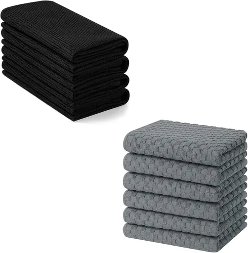 Homaxy 100% Cotton Waffle Weave Kitchen Towels - 4 Pack Soft and Absorbent Dish Towels - 16 x 26 Inches and Terry Kitchen Towels(15" x 25", 6 Pack, Dark Grey)
