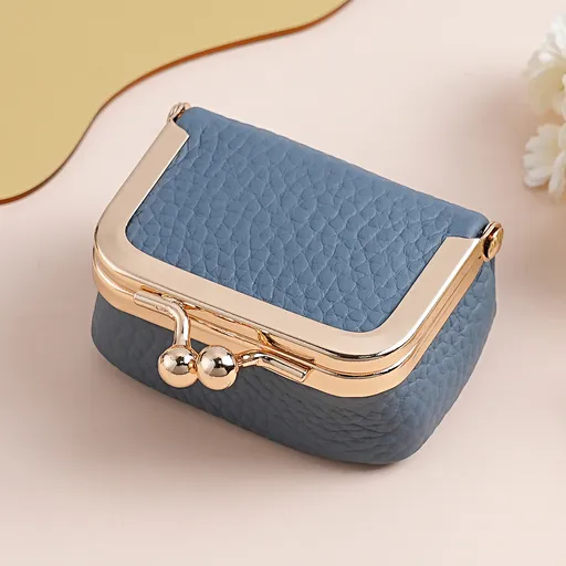 Blue Genuine Leather Mini Kiss-Lock Jewelry Pouch - Portable Travel Organizer for Rings, Earrings, Necklaces, and Coins