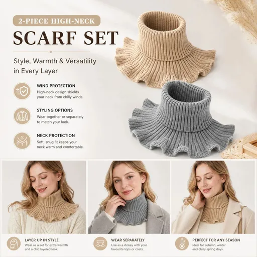 2-Pack Khaki & Grey thick mock high collar warmers, low-key neutral steady wind barrier two-piece kit