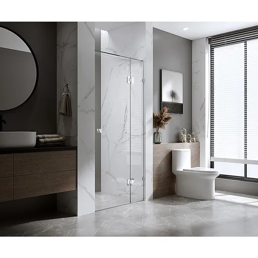 100cm Frameless Wall-to-Wall Shower Screen with Gunmetal F-Brackets and Floor F-Bracket, Brass Hinges & Square Double Pull Handle