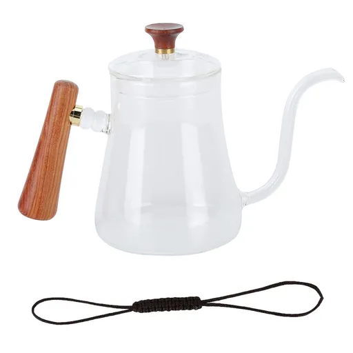 Coffee Kettle Pour Over High Borosilicate Glass Heat Resistant Round Wood Insulated Handle Gooseneck Kettle350ml