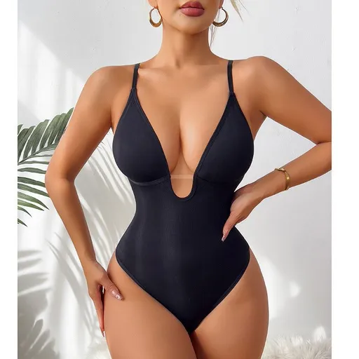 Fashion Style Pattern Neckline Fit Type Of Clothing Solid Color Deep V Fitted Bodysuit With Thong - Black - M