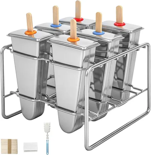 6 Pcs Stainless Steel Popsicle Molds, Reusable Ice Pop Maker with Holder and Wooden Sticks, Triangular Ice Cream Molds for Summer, Silver