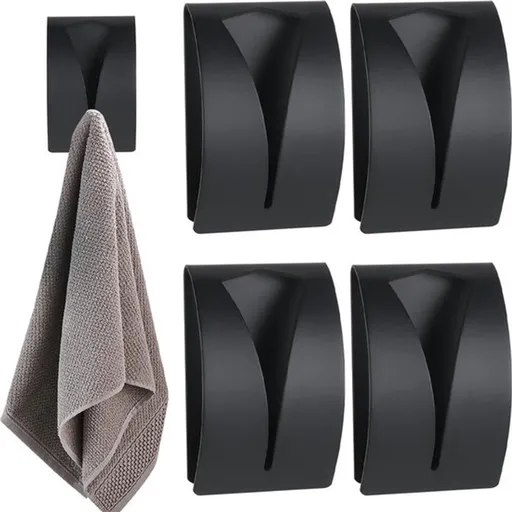 Towel Hook Set - Stainless Steel - Set of 4 Pieces - Self-Adhesive Towel Hook - Bathroom Towel Holder - Tea Towel Clamp - Towel Clamp - Towel Hook - No Drilling Required - Wall Mounting Hook - Kitchen Hanging Hook - Towel Hanger - Hooks - Black