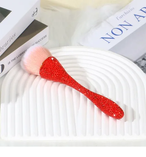 Handmade Rhinestone Powder Brush for Makeup and Nail Dust Cleaning, Soft Fluffy Nylon Bristles with Gradient Pink, Elegant Waist Design for Daily Beauty and Salon Use (Red)
