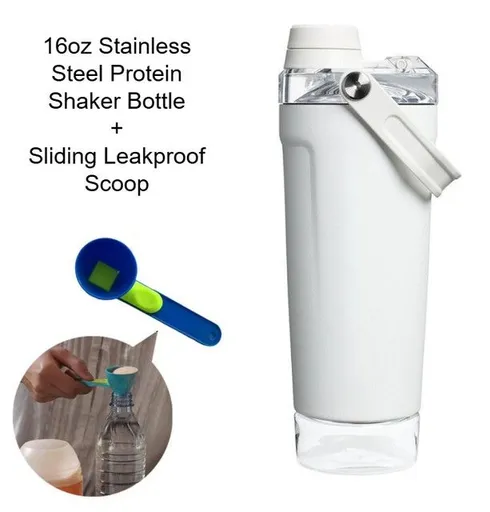 White Sports Nutritional Drinkware Set with 16oz Stainless Steel Protein Shaker Bottle and Sliding Anti-spill Scoop - Vacuum Insulated Gym Flask with Detachable Bottom Storage Capsule and Quick-Open Lid, Filter Net & Portable Handle for Gym and Outdo