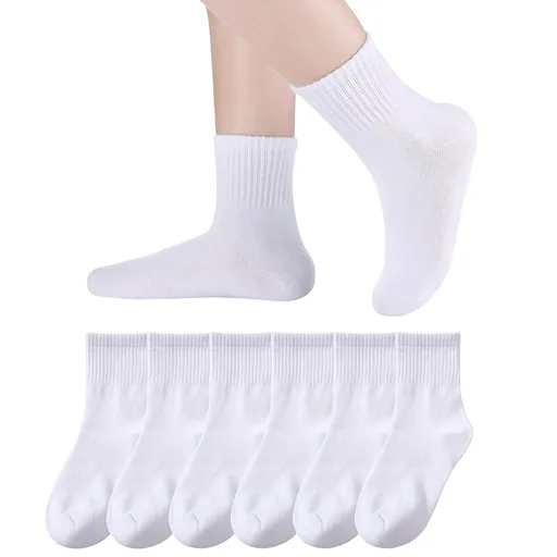 Kids Athletic Crew Socks Boys Girls Cotton School Uniform Casual Basic Socks 6 Pairs 9 - 12 Years White
