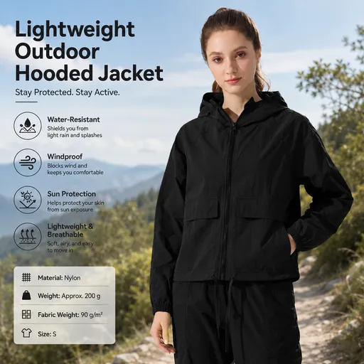 Black S Size Women's Lightweight Hooded Windbreaker Jacket - Nylon, Waterproof, Windproof, Sun Protection, Loose Fit for Hiking, Running, Yoga and Outdoor Activities