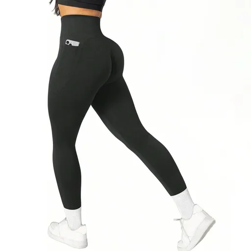 L Size Black Breathable High-Waist Ruched Butt-Lift Yoga Leggings - Dual Pockets & No Front T - LineNaked-Feel Performance Tights for Gym, Running & Pilates