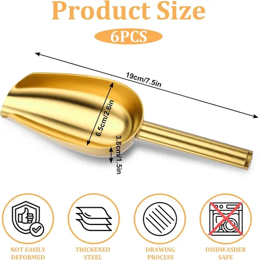 6pcs Gold Ice Scoopers for Ice Bucket, 5 Oz Candy Scoops for Candy Buffet Stainless Steel Mini Scoop Metal Food Scoops for Jars Canisters Scooping Dry Goods, Sugar, Coffee Bean, Flour, Spice