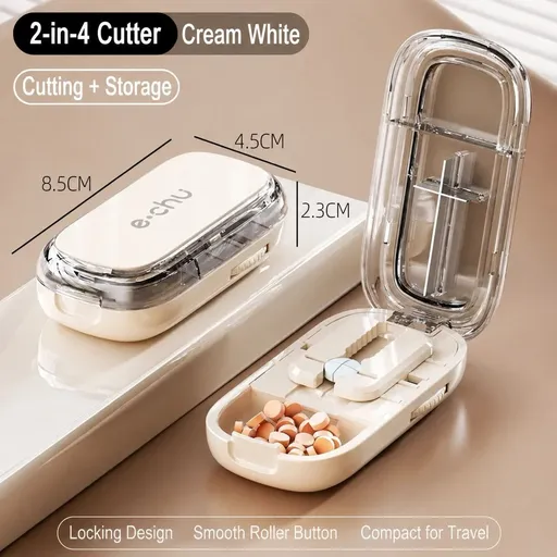 Pill Cutter 2 Piece Portable ABS Tablet Divider Multi Cutting Options Cream White