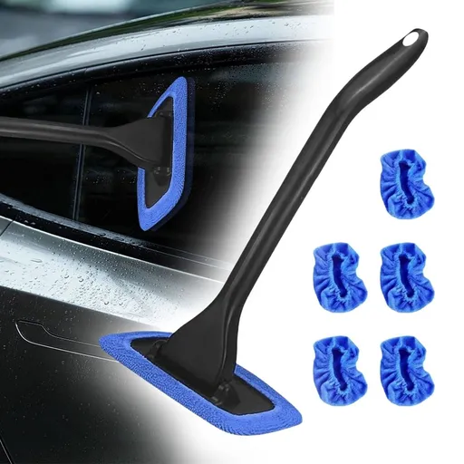 Windshield Cleaning Tool, Car Window Cleaner with 5 Reusable and Washable Pads, Windshield Cleaning Wand Auto Window Cleaner, Auto Inside Glass Wiper Kit, Blue
