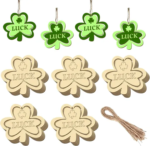 20Pcs Wooden Shamrock Ornaments to Paint, 3.2 Inch St. Patrick's Day Unfinished Wood Shamrock Cutouts, DIY Blank Luck Clover Shape Hanging Ornaments Ropes with for Crafts Tree Home Decor