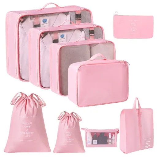 Suitcase Clothing Sorting Organizer Pouches, 9 Pcs Travel Kit With Double Drawstring Bags & Makeup Bag, Pink, Romantic Holiday Trip Gift