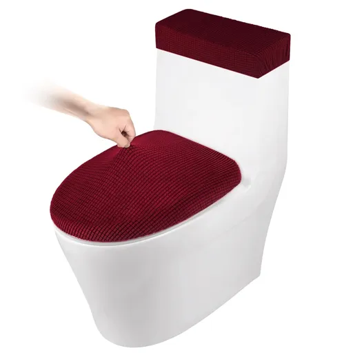 Stretch Velvet Toilet Lid Cover and Toilet Tank Lid Cover, Bathroom Super Soft Toilet Lid Cover Set Luxury Velvet Plush, with Elastic Bottom, Machine Wash, Burgundy