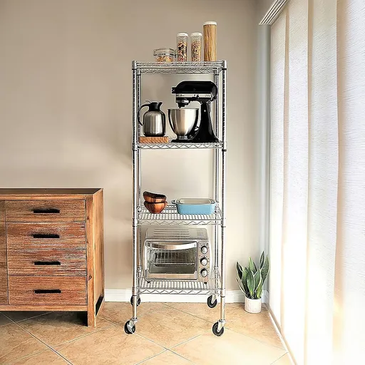 Wire Storage Rack – 35x35cm Chrome Shelving with Wheels