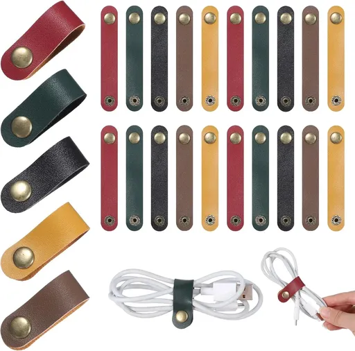 20 Pcs PU Leather Cable Organizer Straps, Reusable Snap Cord Keepers, Multicolor 5 Colors