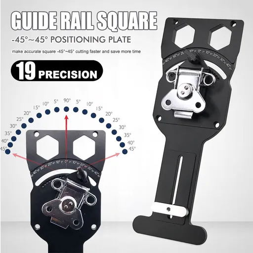 Adjustable Angle Guide Rail Square for Track Saws with 19-Position Stop from -45° to 45°, T-Shape End Stop and Sliding Positioning Block for Woodworking Crosscuts and Miter Cuts (Black)